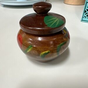 Vintage hand painted WOOD Trinket box w/lid Wooden Floral‎ Fruit Design 3"